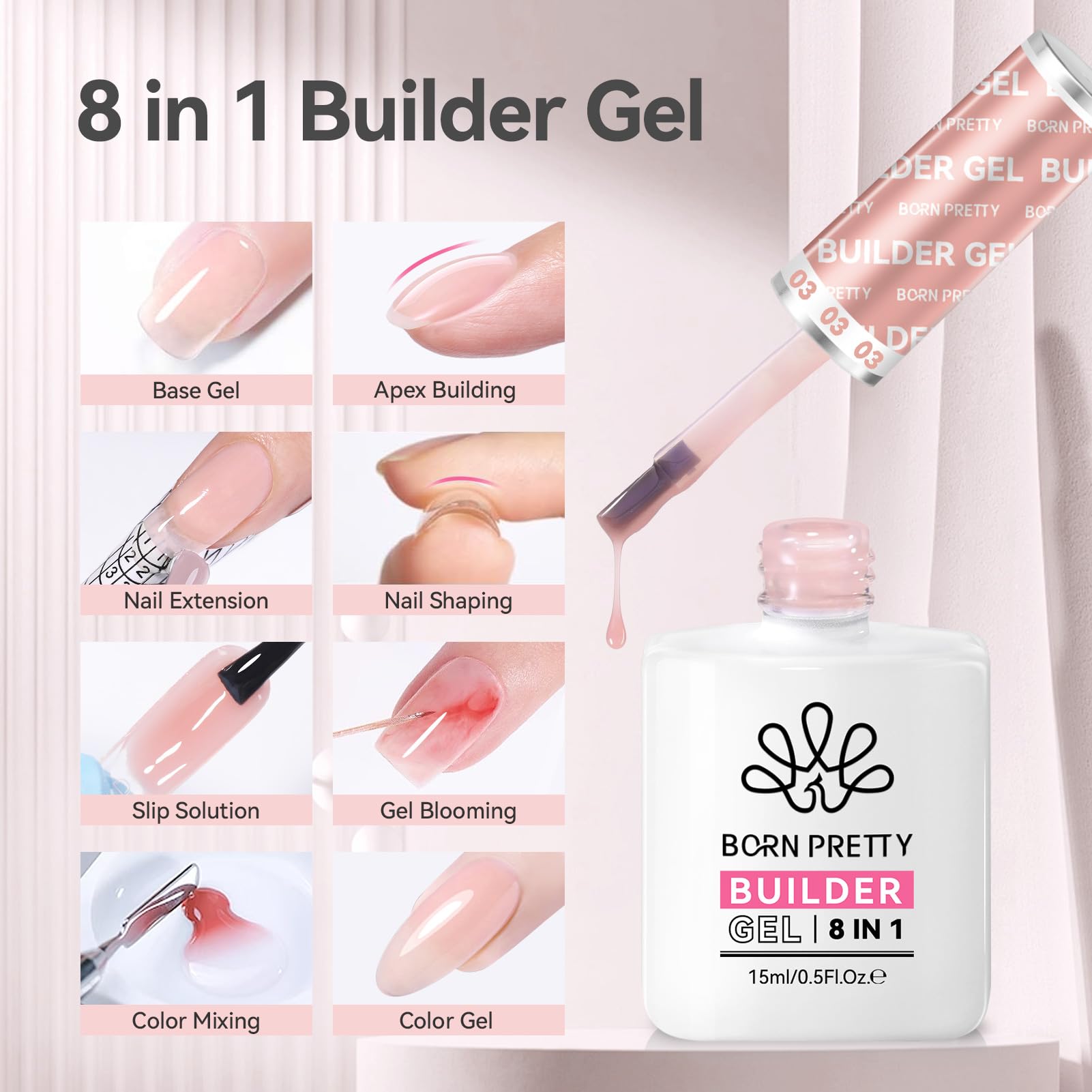 Born Pretty apex-building gel creates strong nail structure for durable extensions.