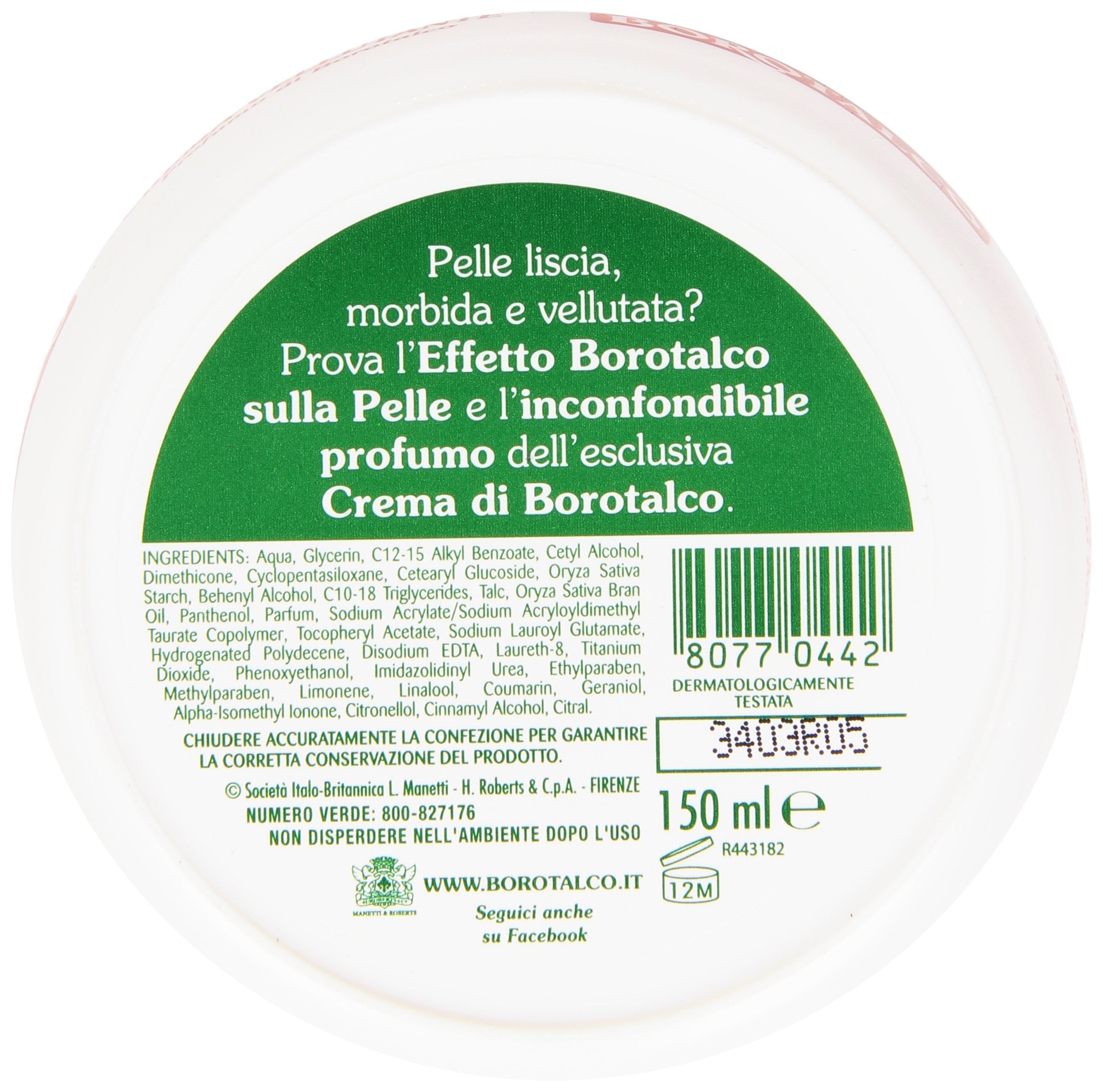 Borotalco cream texture close-up highlights quick absorption and velvet softness