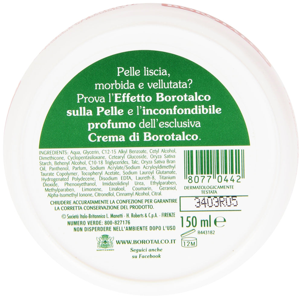 Borotalco cream texture close-up highlights quick absorption and velvet softness
