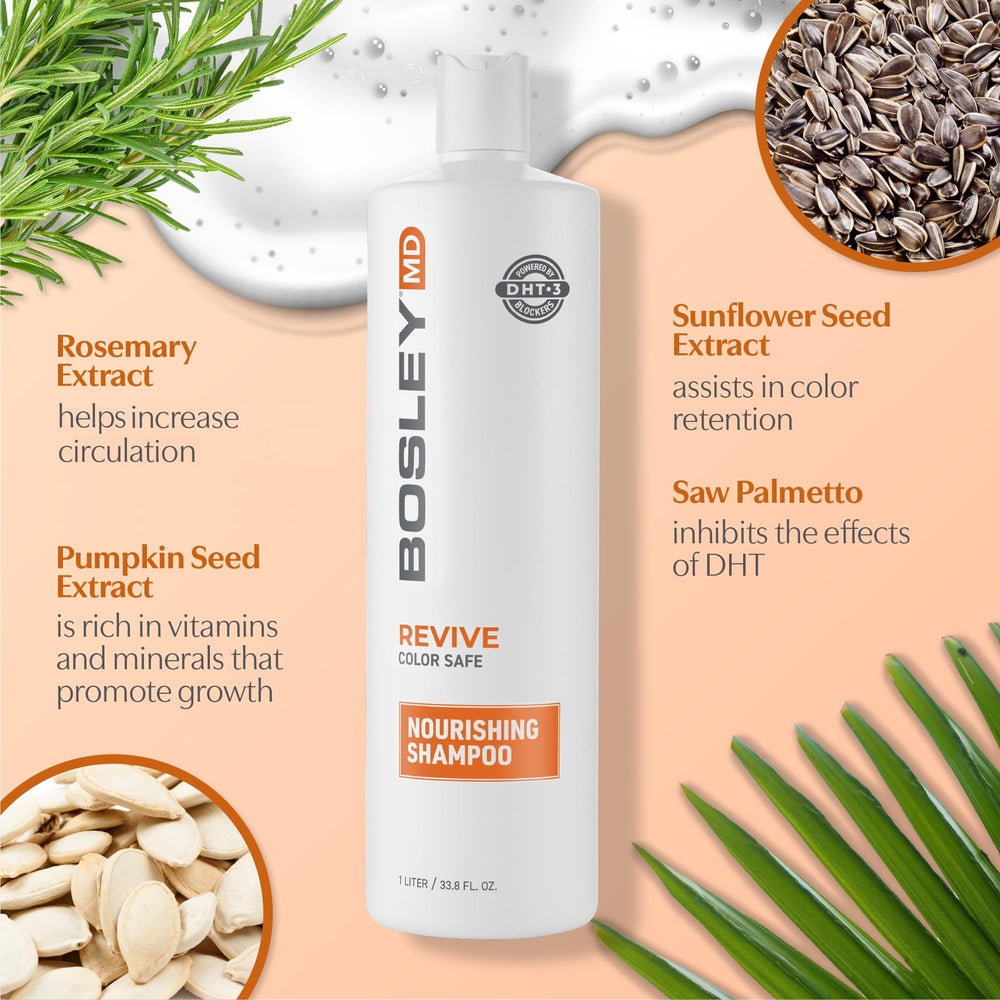 BosleyMD BosRevive Nourishing Shampoo with rosemary extract for scalp refreshment.