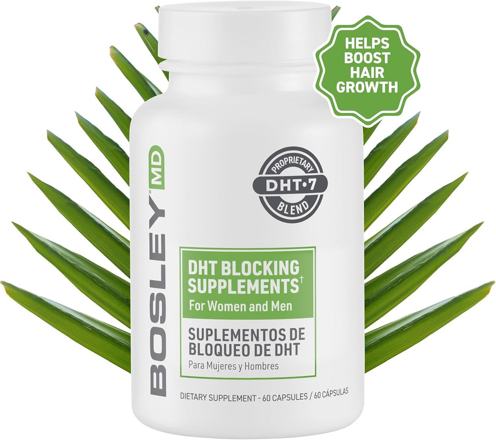 Close-up of BosleyMD DHT-7 blend tablets, vegan capsules