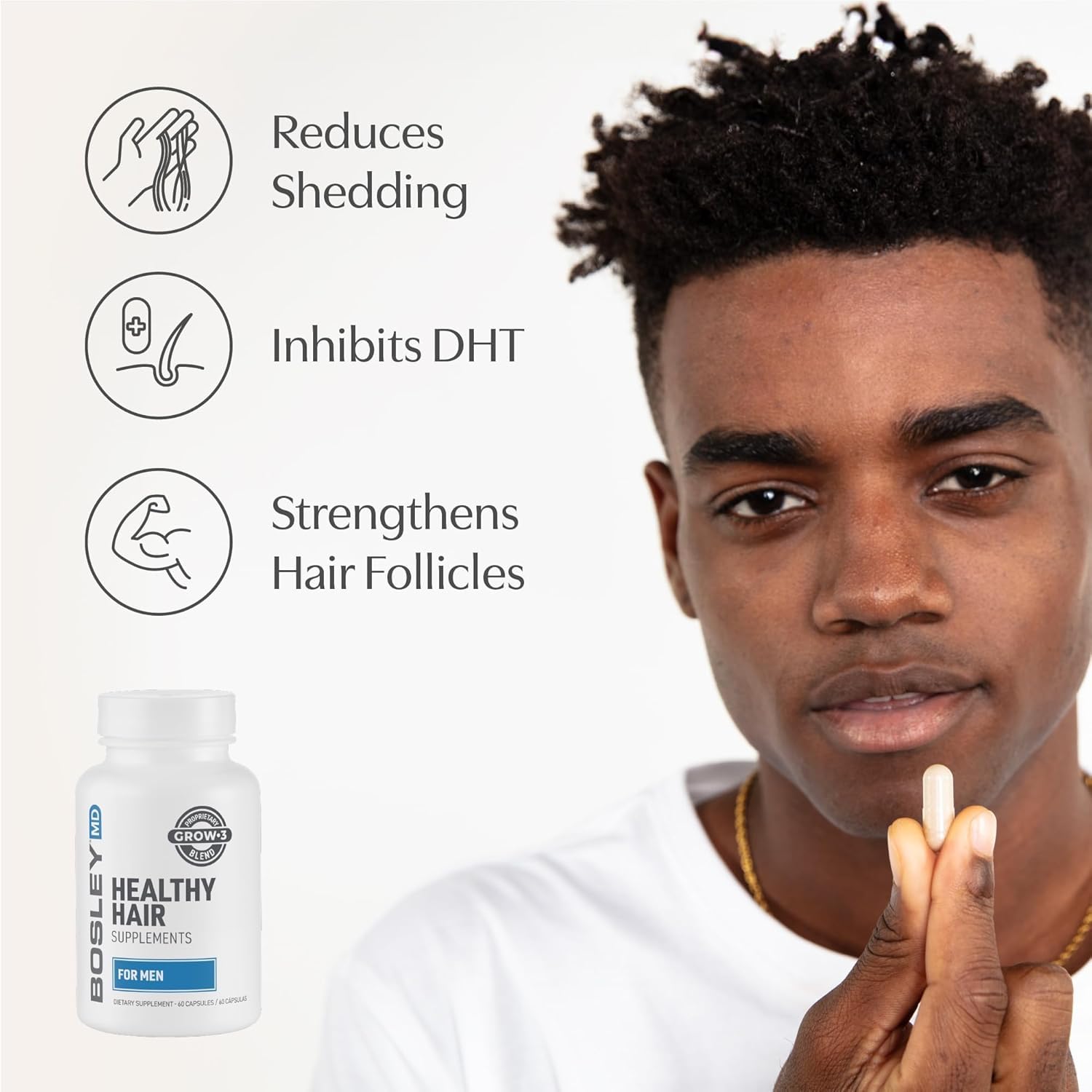 Close-up of BosleyMD capsules highlighting biotin and minerals for hair strength.