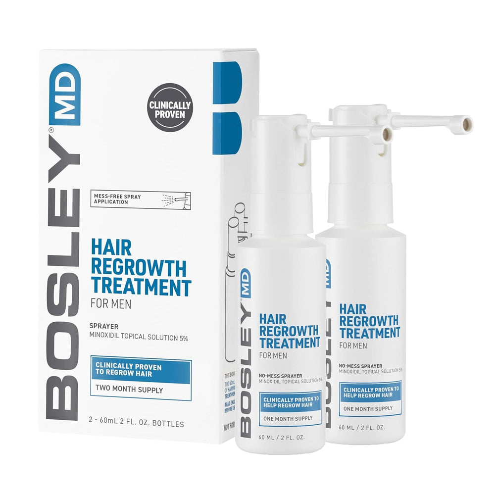 BosleyMD minoxidil spray bottle with no-mess applicator for precise daily use.