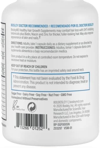 Nutrition label on BosleyMD bottle showing zinc, niacin, and biotin content.