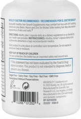 Nutrition label on BosleyMD bottle showing zinc, niacin, and biotin content.
