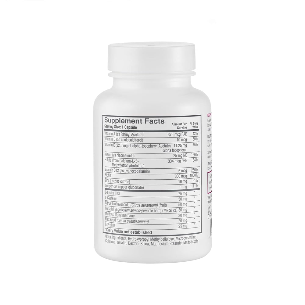 BosleyMD Women's Healthy Hair Supplements label closeup highlights vegan formula for hair vitality.
