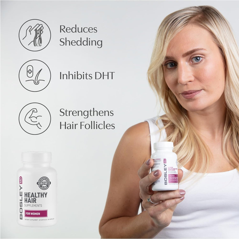 BosleyMD packaging display emphasizes cruelty-free, plant-based ingredients for hair care routines.