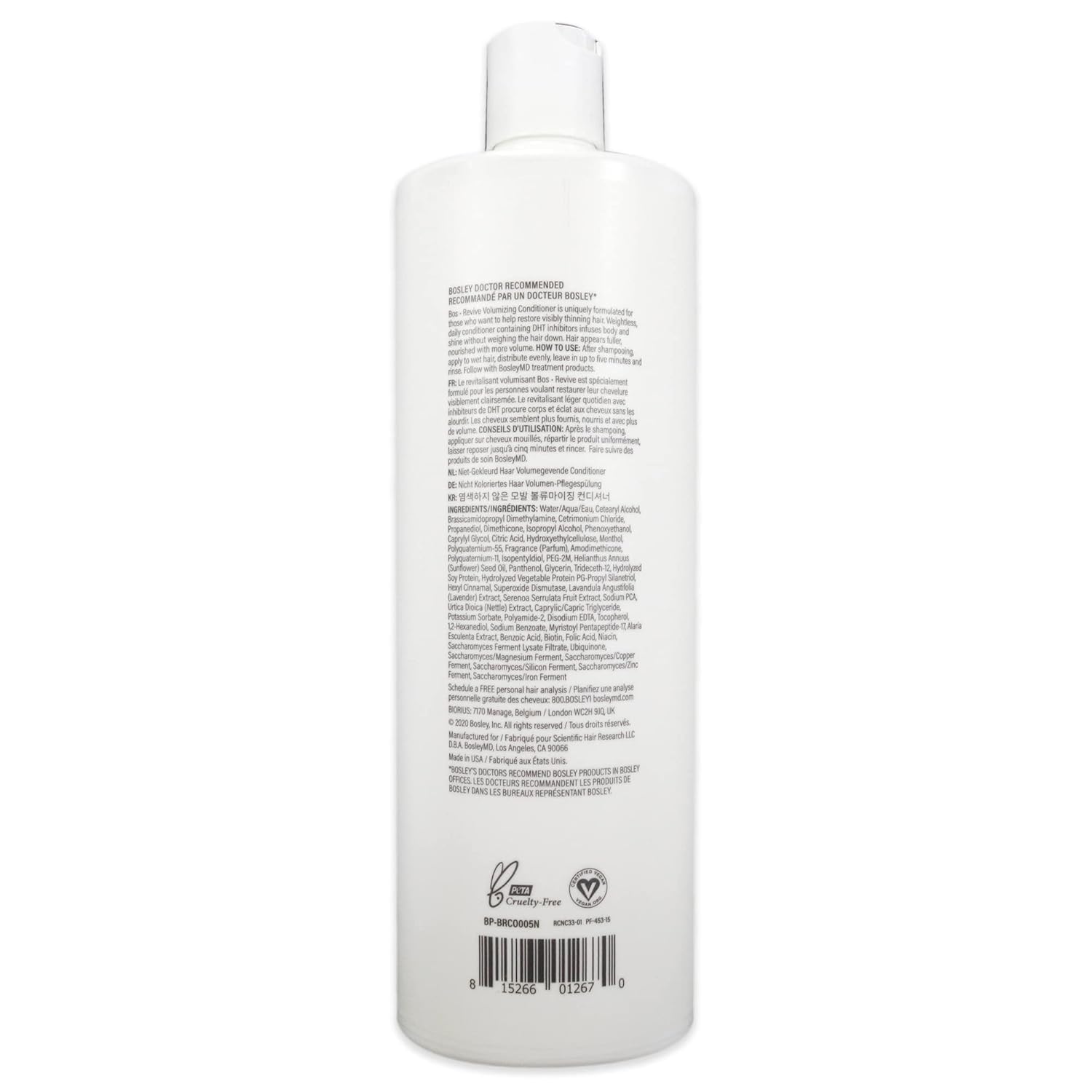 BosRevive bottle label closeup reveals a clean, vegan, sulfate-free formulation.