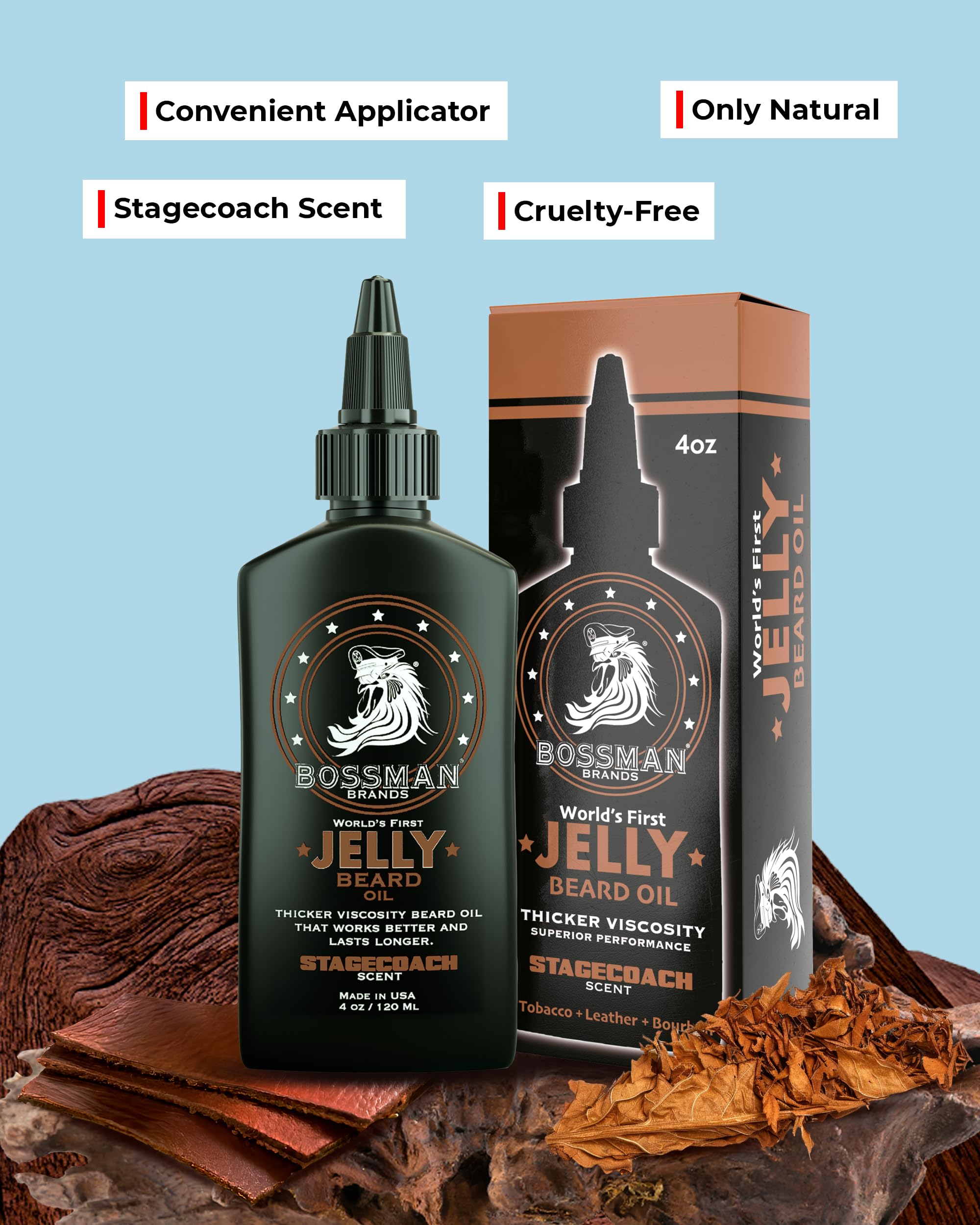 Bossman Jelly Beard Oil Stagecoach bottle shows premium 4 oz packaging for extended use.