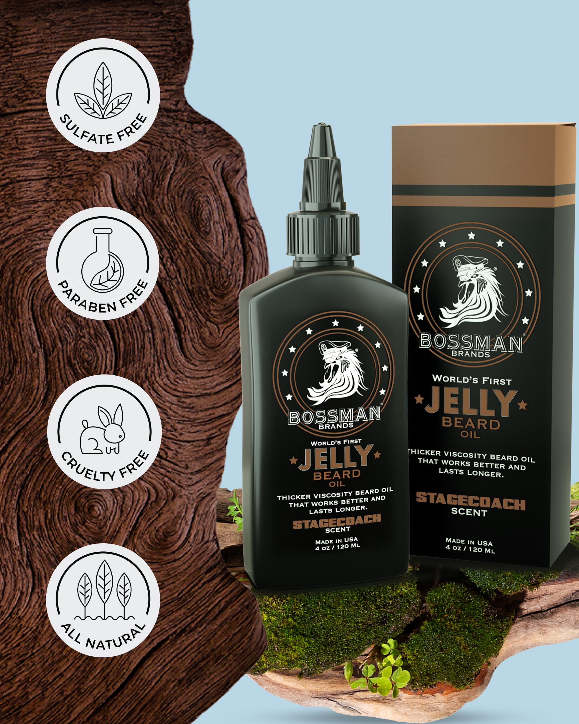 Bossman jelly with avocado oil hydrates roots for refreshed beard health.