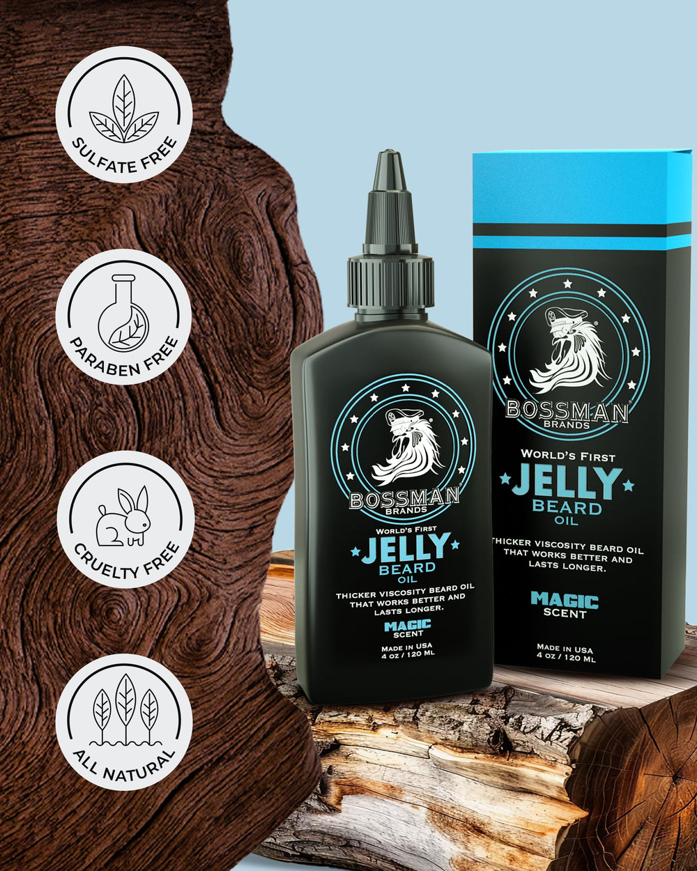 US-made 4 oz bottle showcasing Bossman Jelly Beard Oil