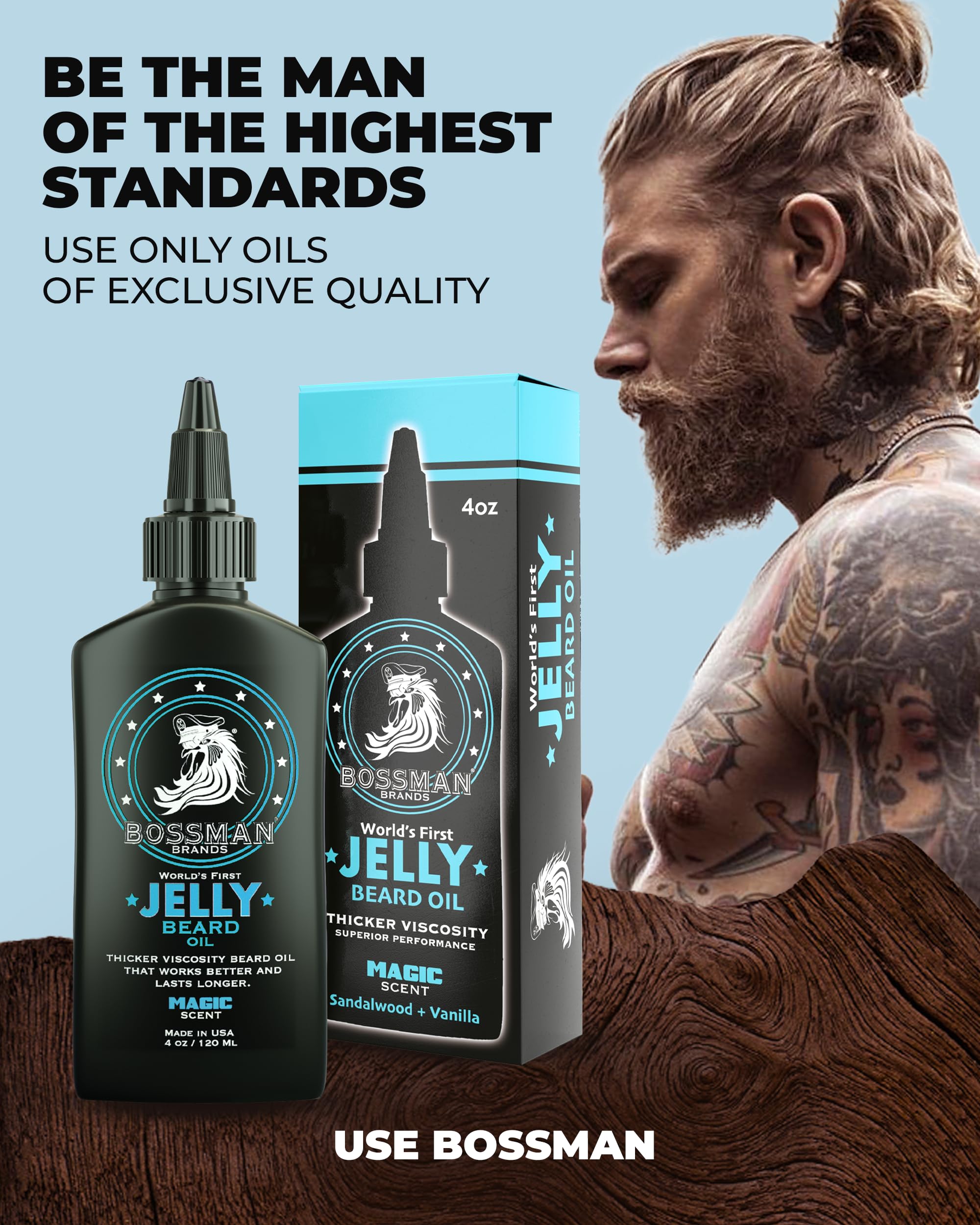 Sandalwood and vanilla scent notes on Bossman Magic scent package
