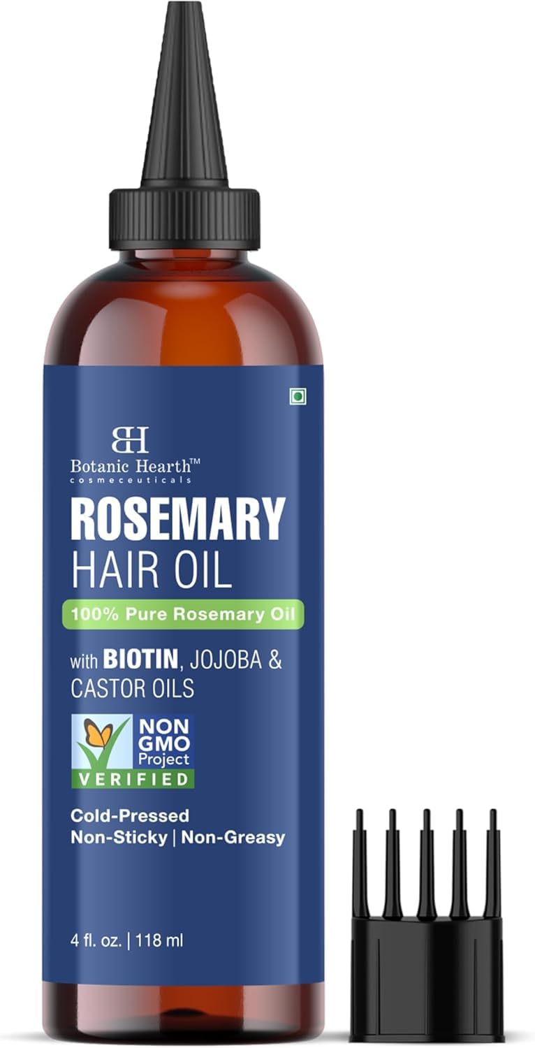 Botanic Hearth Aceite de Cabello Romero en botella, favorece la nutrición del cuero cabelludo.
