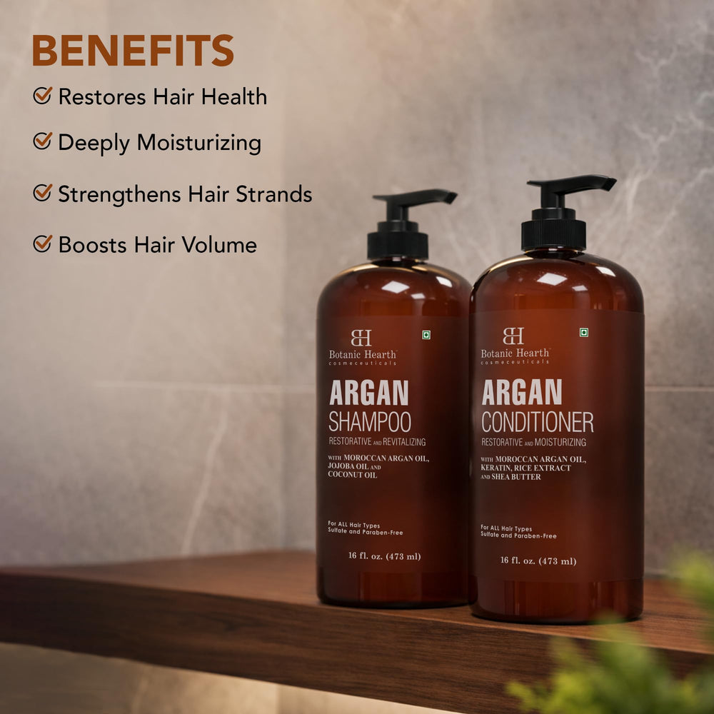 Botanic Hearth Argan Oil Shampoo packaging side view highlighting US-made quality