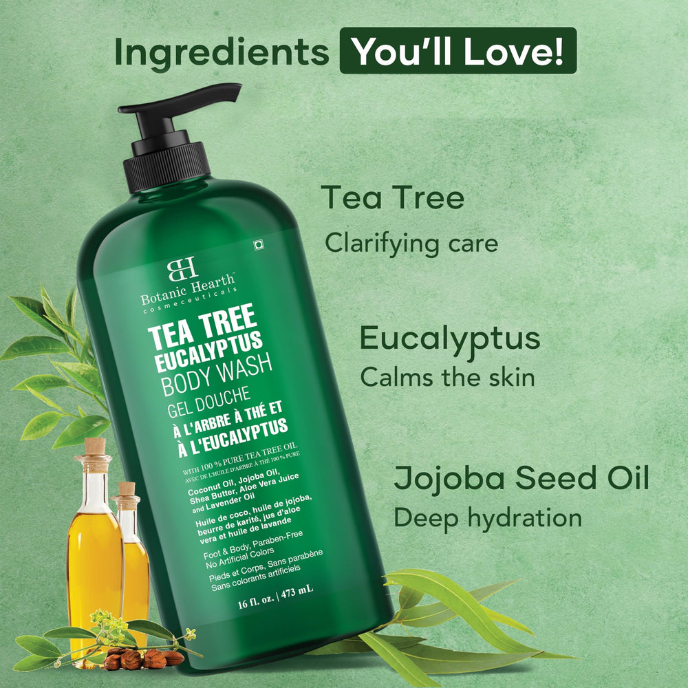 Botanic Hearth: etiqueta con árbol del té, ideal para recordar beneficios naturales en el cuidado diario.