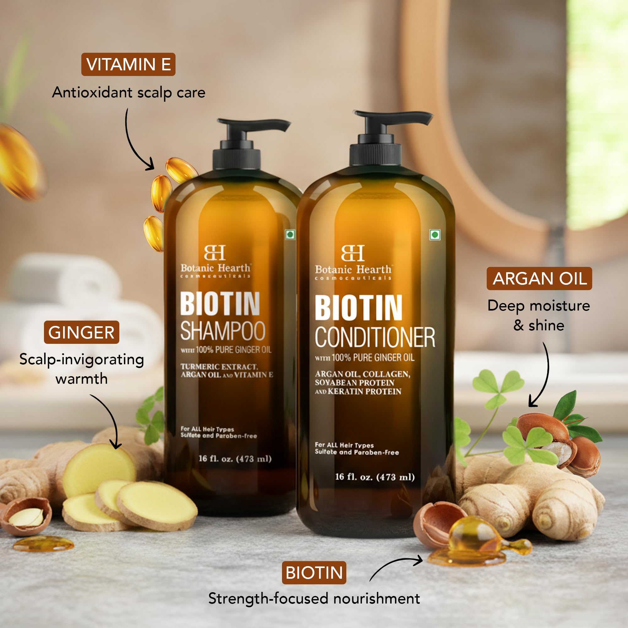 Botanic Hearth Biotin Shampoo bottle highlights ginger oil and keratin for nourished strands.