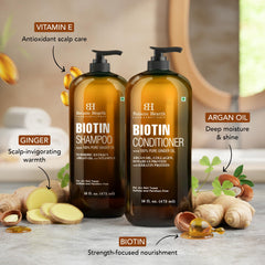 Botanic Hearth Biotin Shampoo bottle highlights ginger oil and keratin for nourished strands.