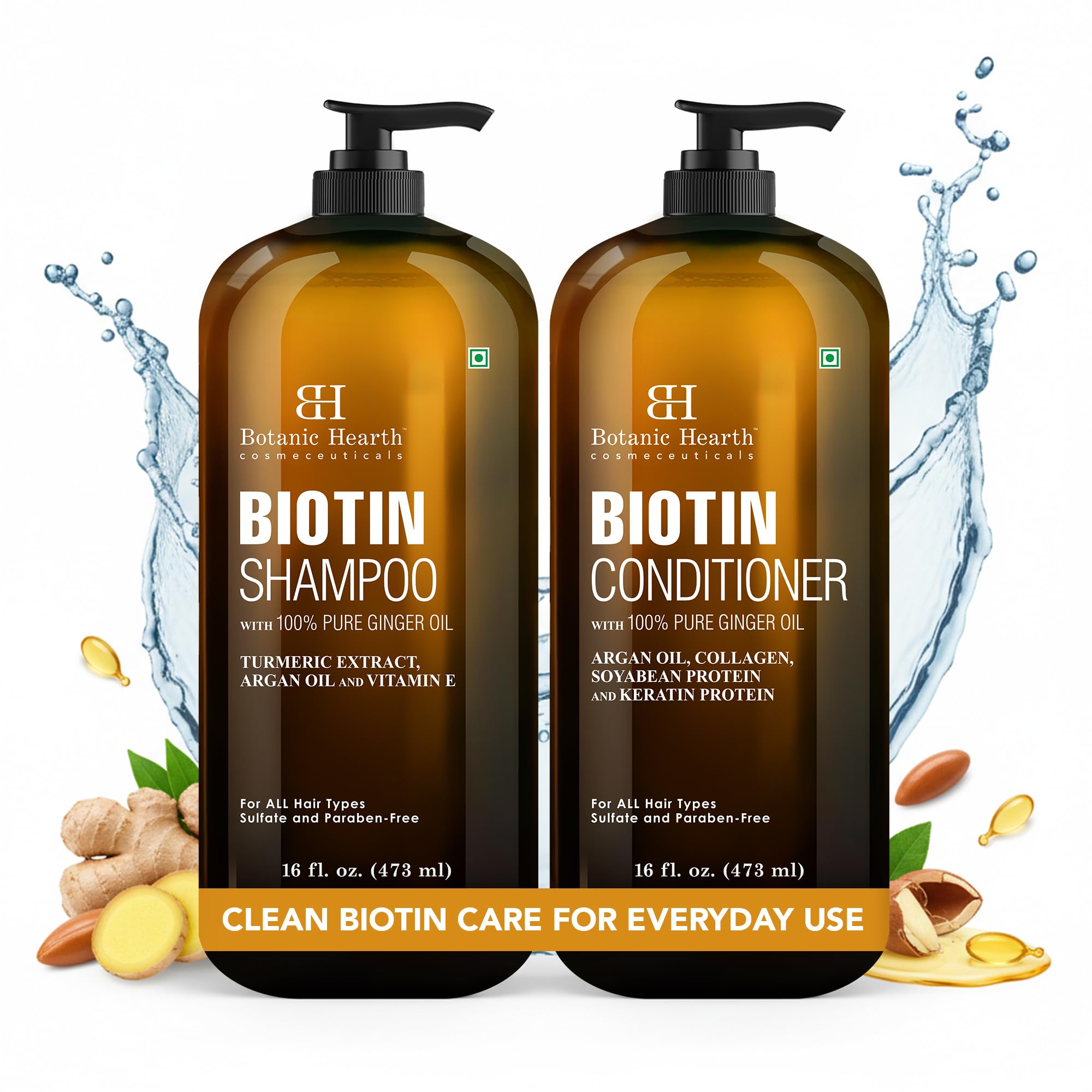 Botanic Hearth Biotin Shampoo and Conditioner packaging set displayed in USA-made label.