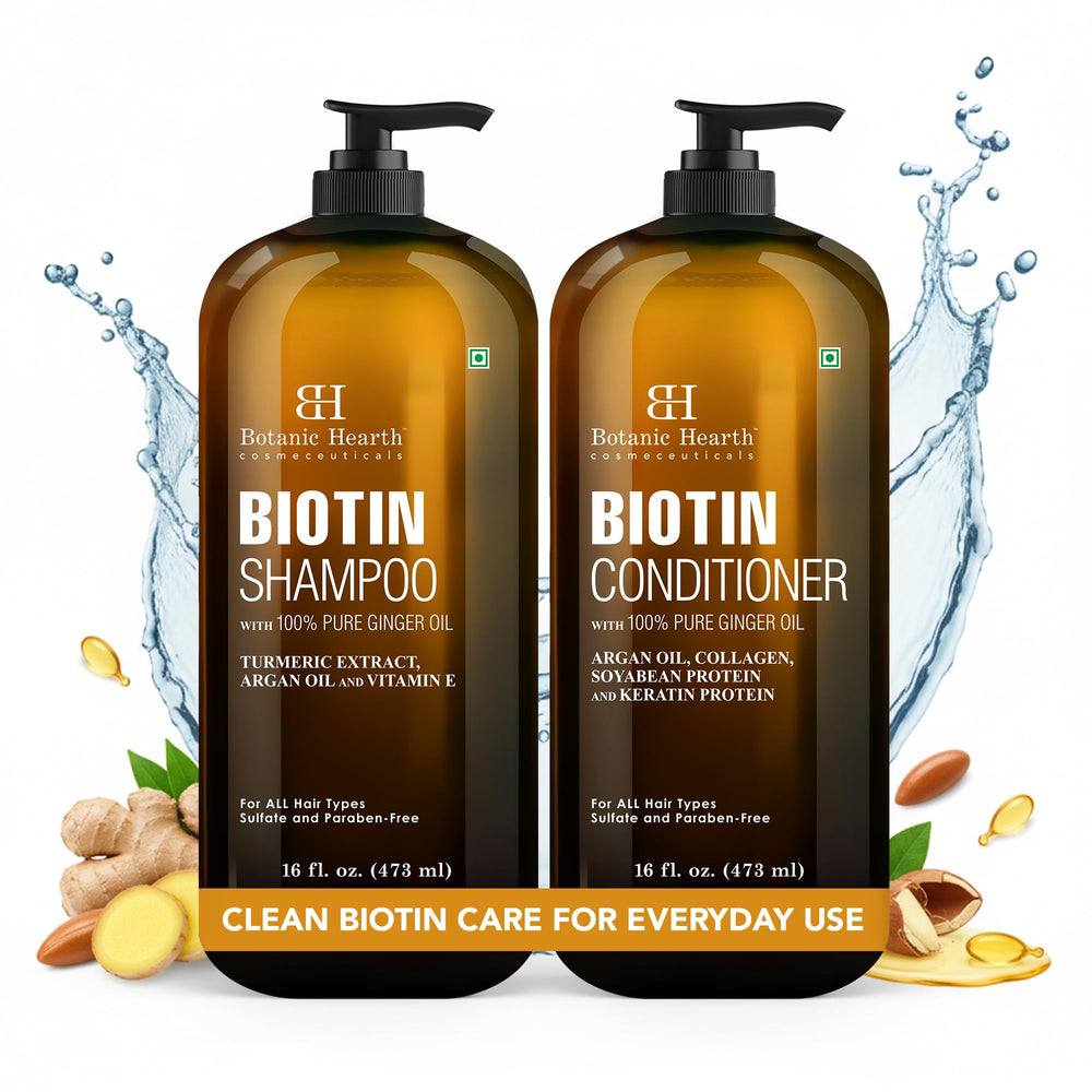 Botanic Hearth Biotin Shampoo and Conditioner packaging set displayed in USA-made label.