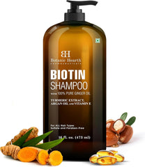 Botanic Hearth Biotin Shampoo con aceite de jengibre en botella para cuidado diario.