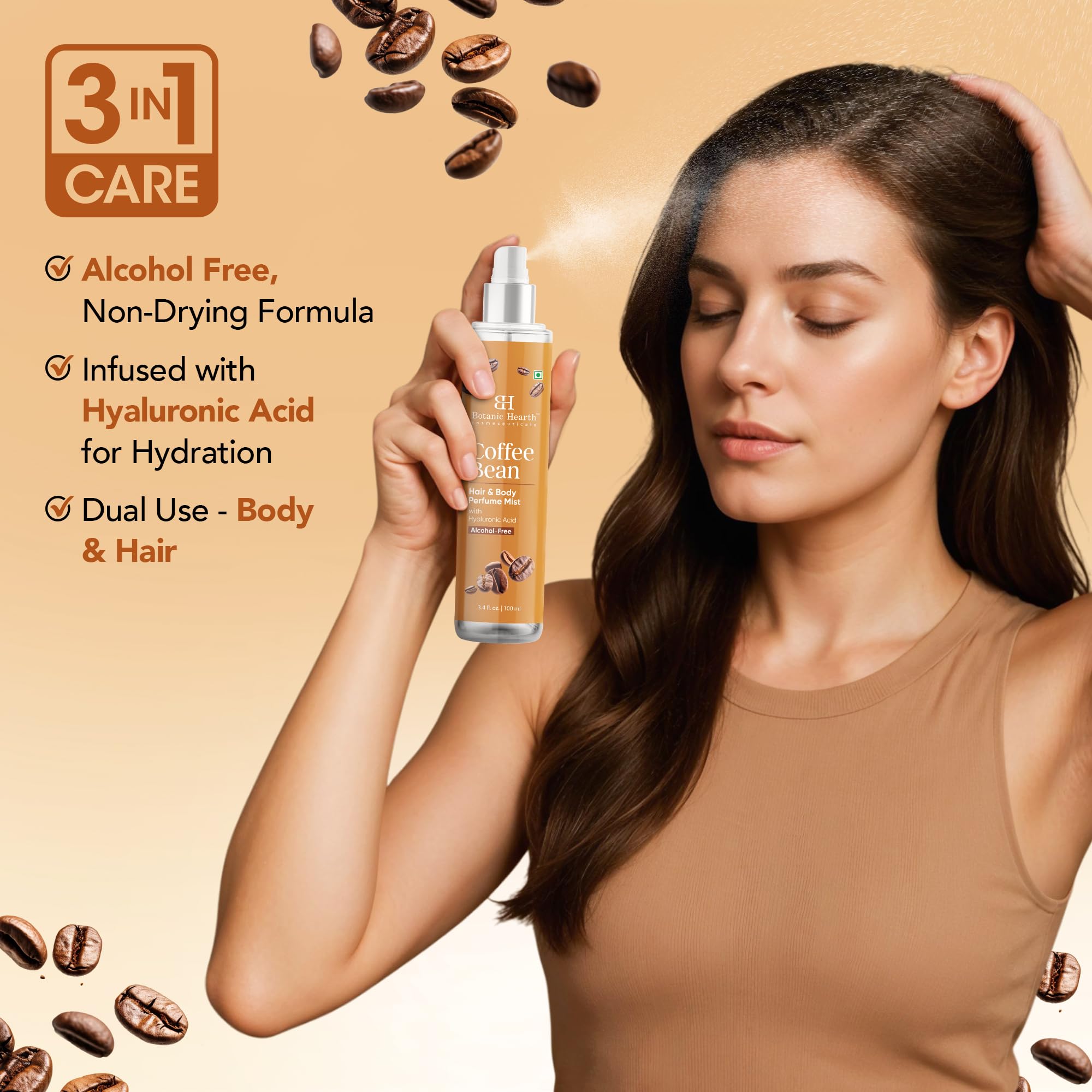 Botanic Hearth Coffee Body Mist application shot demonstrates skin hydration with warm coffee notes.