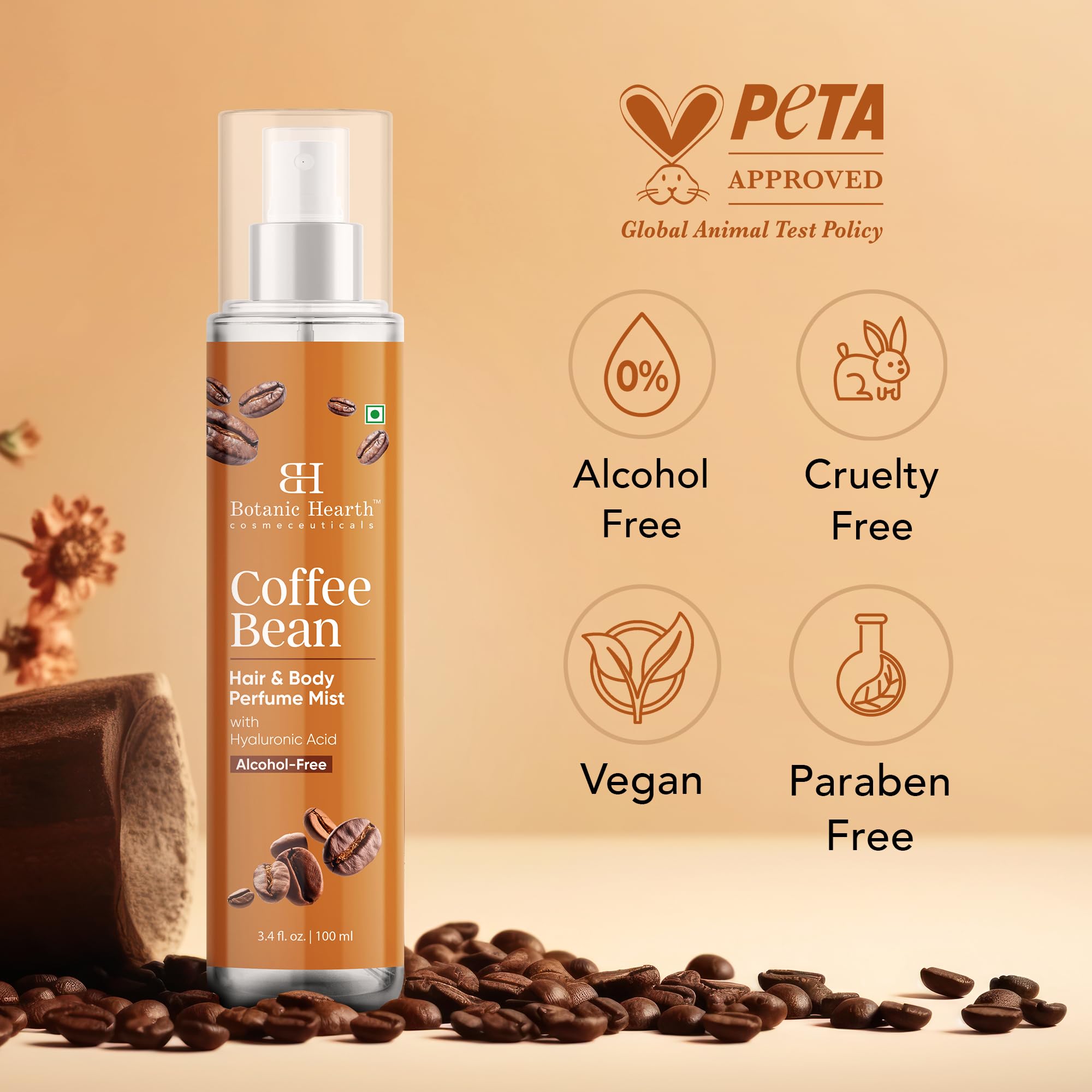 Botanic Hearth Coffee Body Mist on skin conveys vanilla-kissed notes for a cozy fragrance.