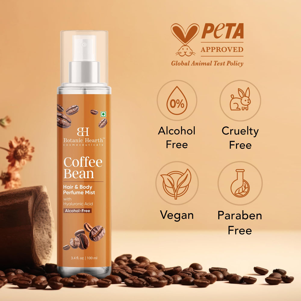 Botanic Hearth Coffee Body Mist on skin conveys vanilla-kissed notes for a cozy fragrance.