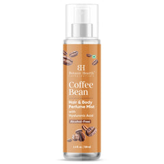 Botanic Hearth Coffee Hair Mist spray-on image suggests quick touch-ups and fresh scent.
