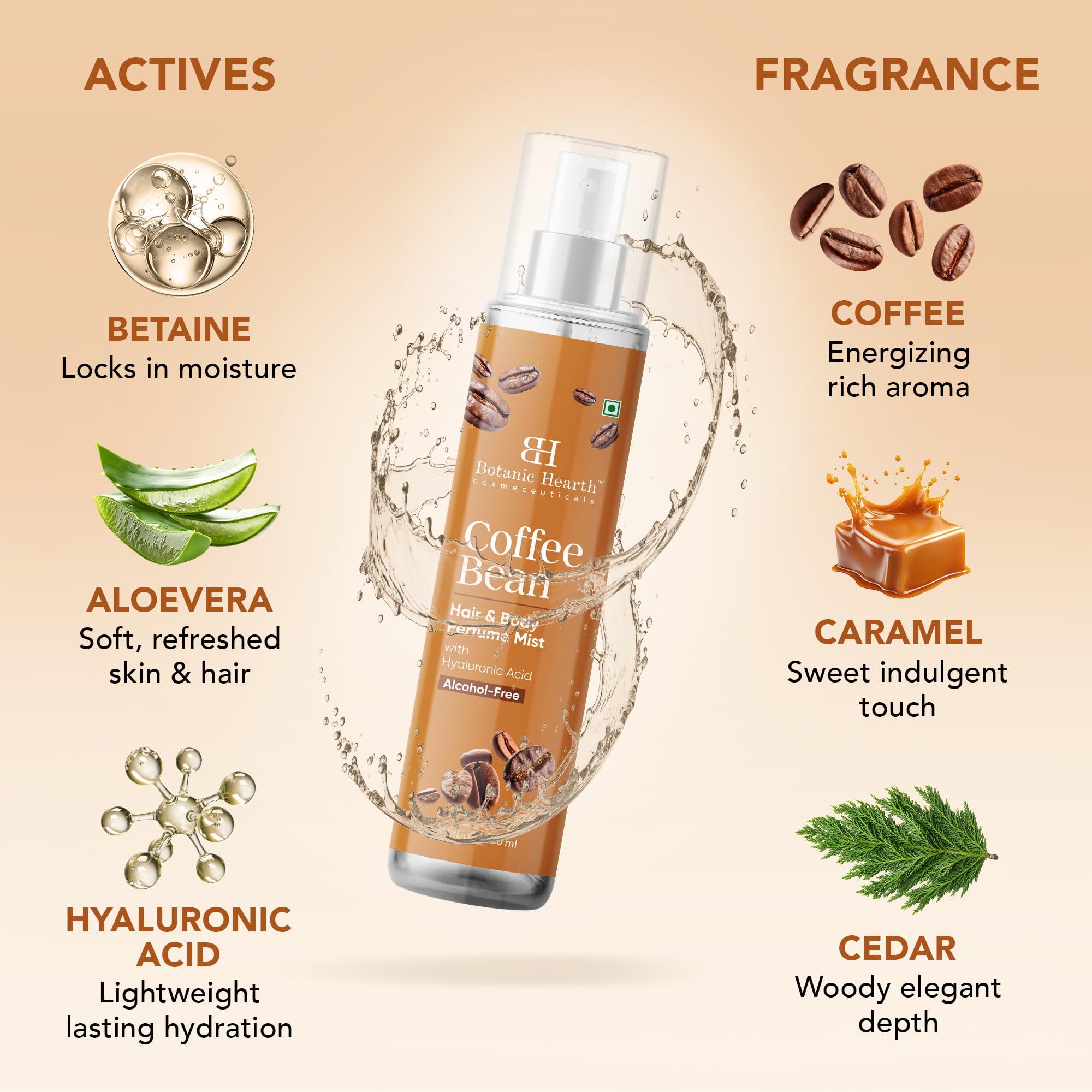 Botanic Hearth Coffee Mist on hair adds freshness with a light, lingering scent.