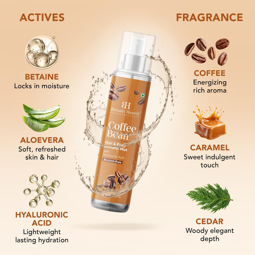 Botanic Hearth Coffee Mist on hair adds freshness with a light, lingering scent.
