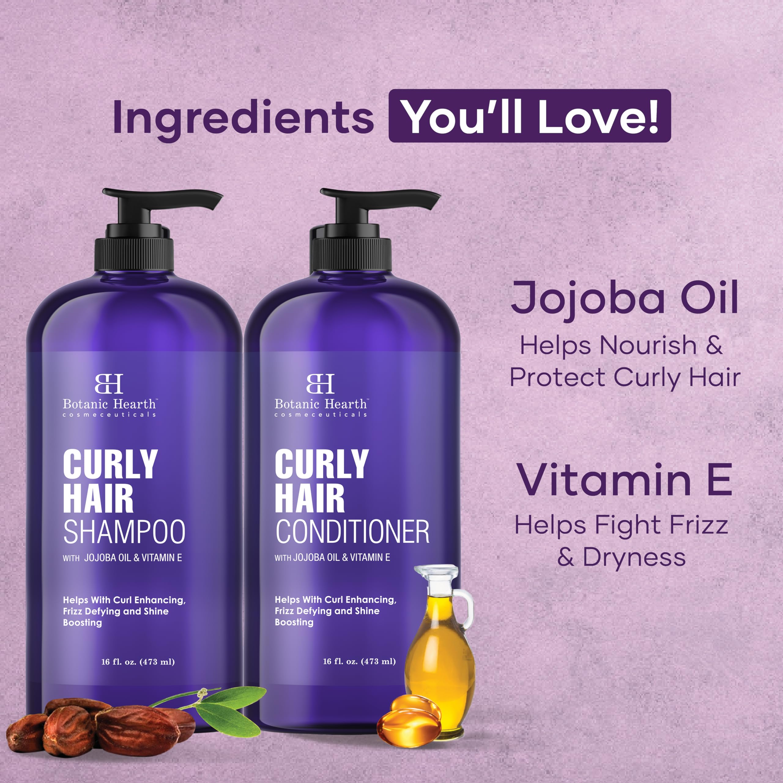 Botanic Hearth Curly Hair set packshot emphasizing a sulfate-free formula for curls