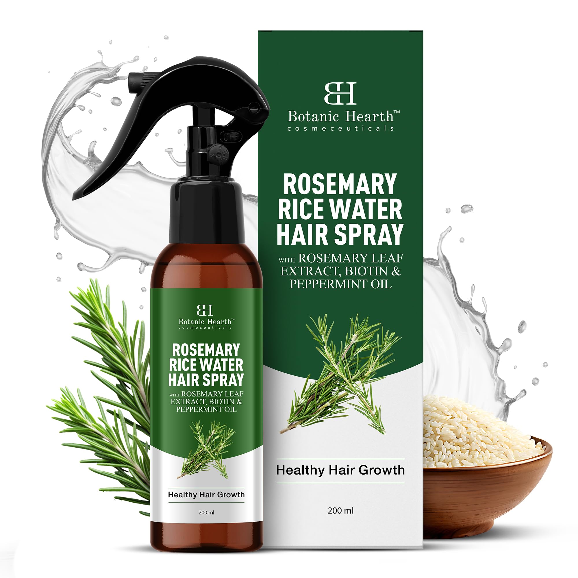 Botanic Hearth frasco romero, enfoque en crecimiento capilar y fortalecimiento.