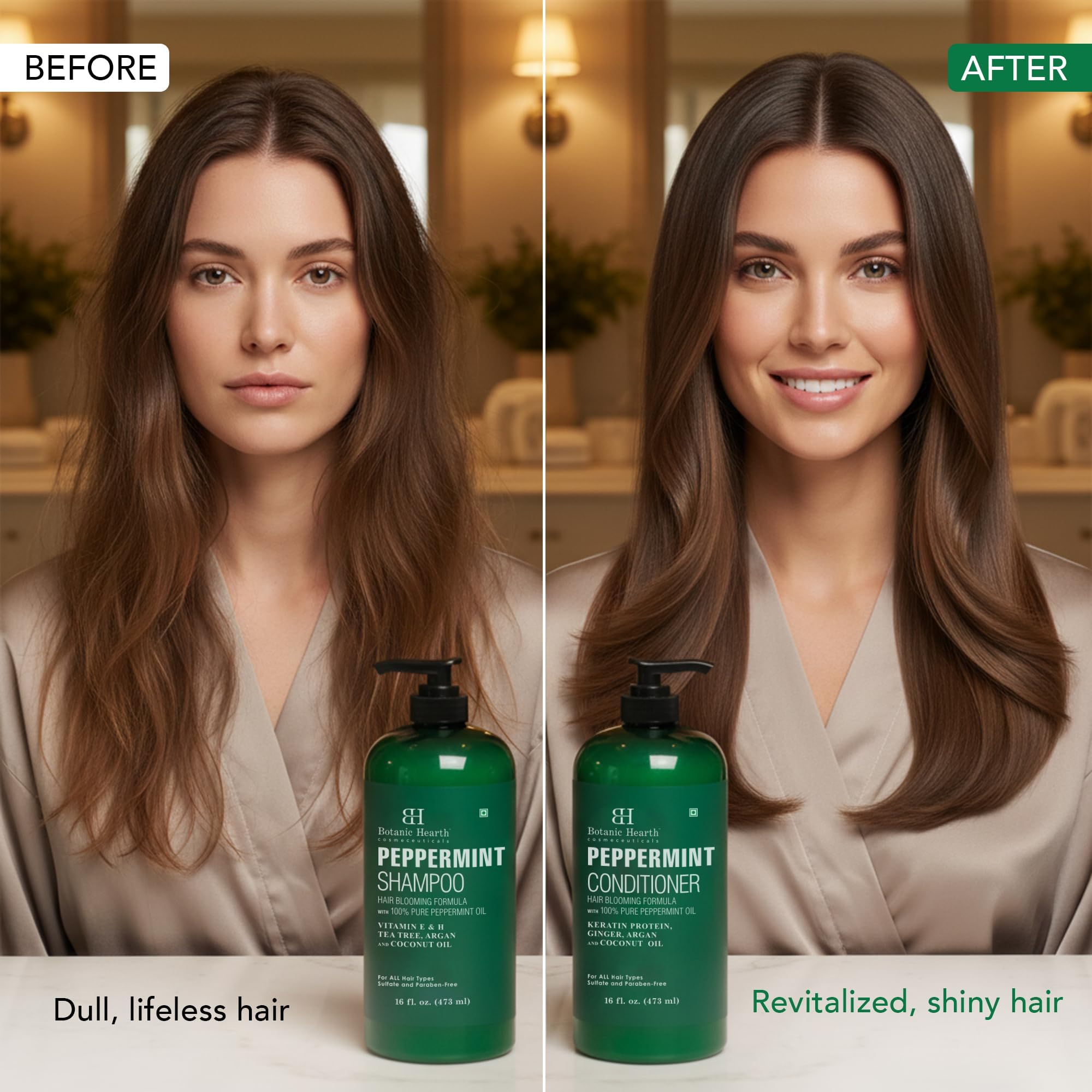 Hair strands look fuller after using Botanic Hearth set.