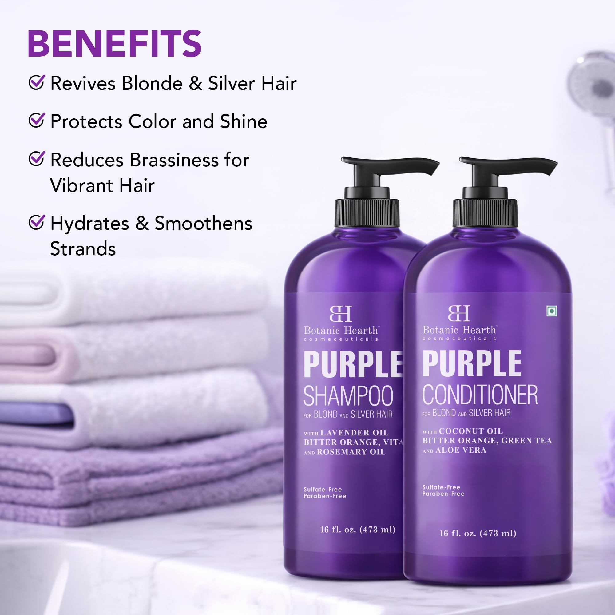 Botanic Hearth purple shampoo and conditioner duo sit together for vibrant cooler highlights.