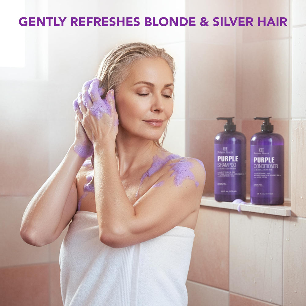 Botanic Hearth purple shampoo lather on hand for washing.