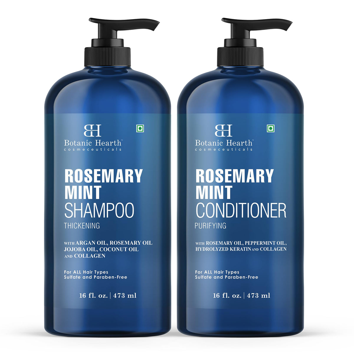 Botanic Hearth Rosemary Mint Shampoo bottle illustrates 16 oz size and refreshing scent