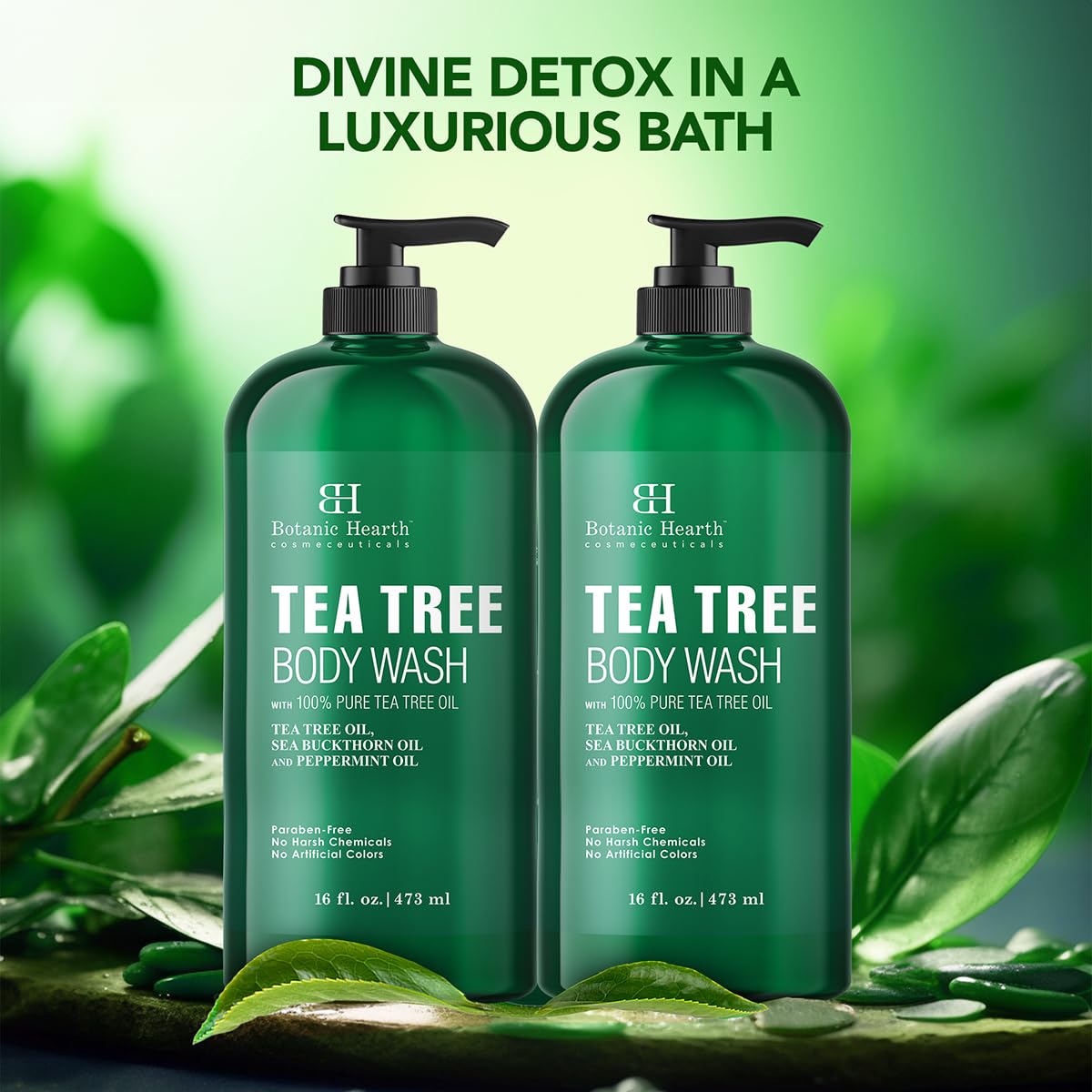 Botanic Hearth Tea Tree Body Wash bubbles spreading on skin.
