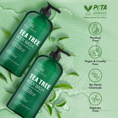 Botanic Hearth Tea Tree Body Wash closeup shows natural ingredients.
