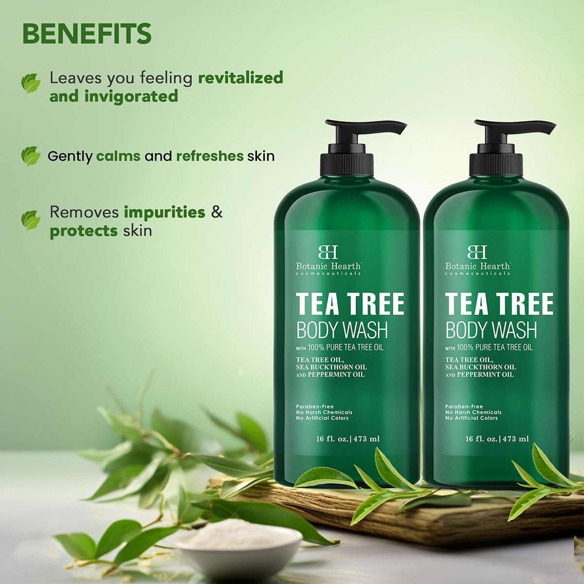 Botanic Hearth Tea Tree Body Wash hands applying for gentle cleansing.