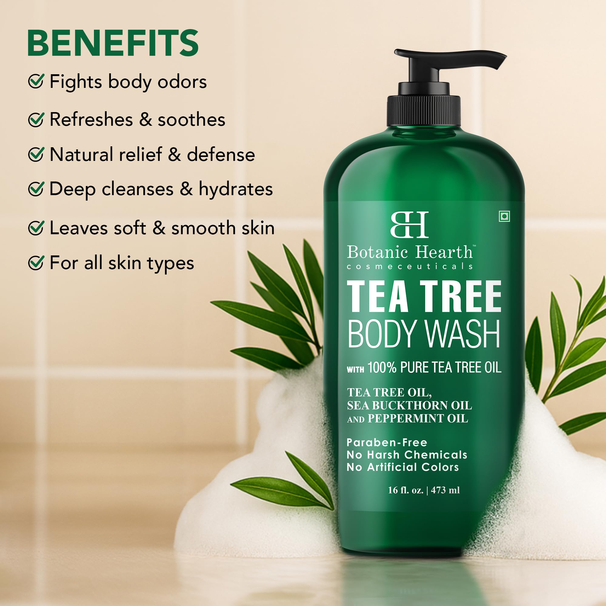 Botanic Hearth Tea Tree Body Wash textura espuma suave para ducha