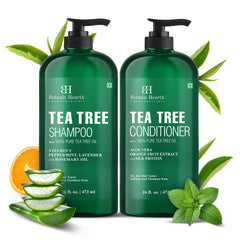 Botanic Hearth Tea Tree Conditioner bottle close-up for smoother, moisturized hair
