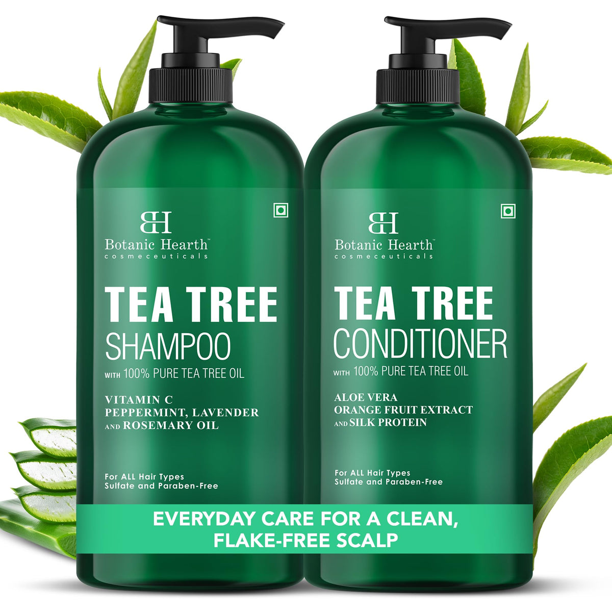 Botanic Hearth Tea Tree Shampoo bottle close-up for refreshing scalp care