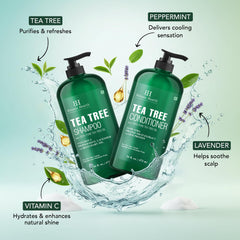 Botanic Hearth Tea Tree Shampoo and Conditioner set packaging close-up for all hair types