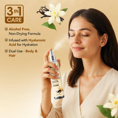 Botanic Hearth Vanilla Hair Mist in hand, lightweight formula for daily freshness