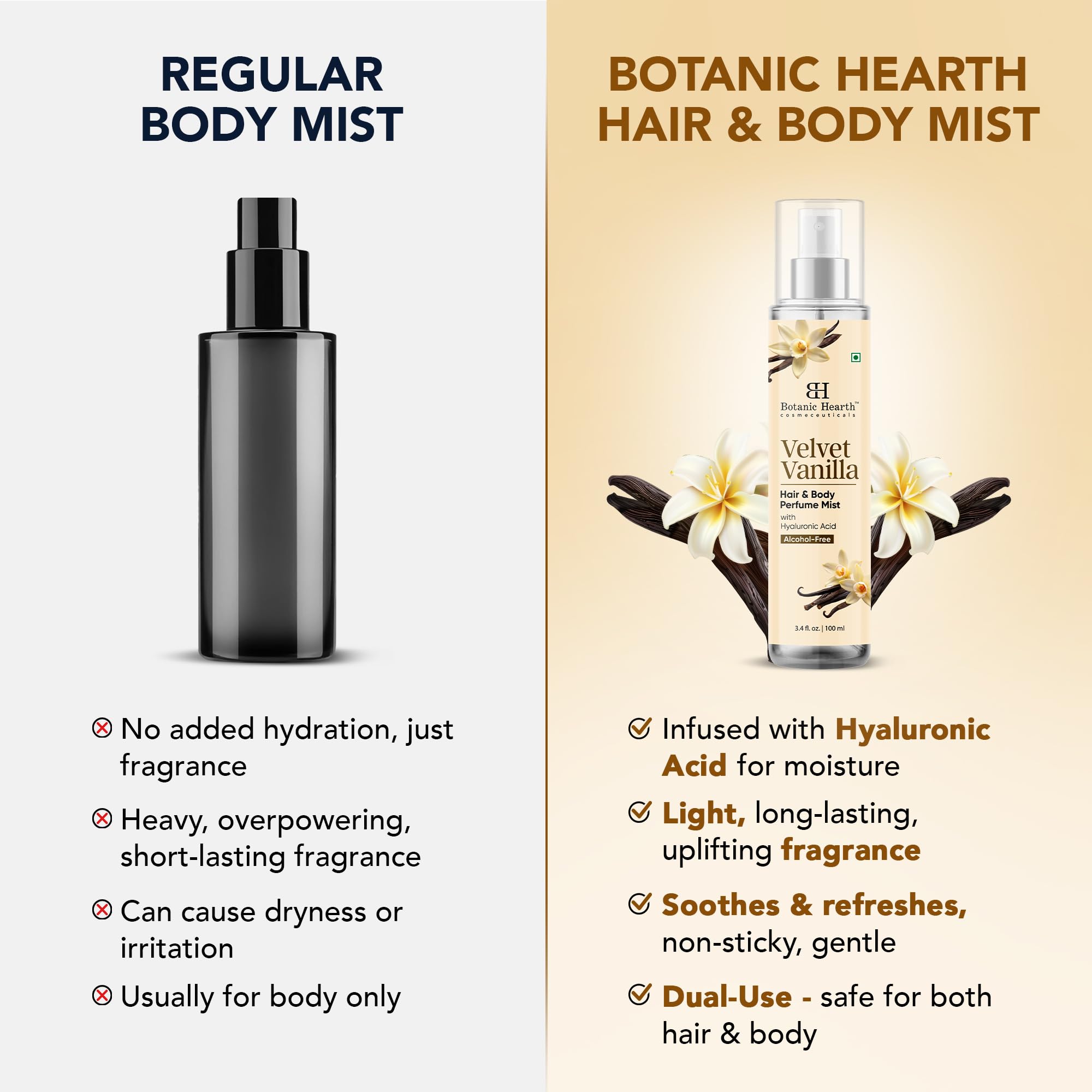 Botanic Hearth Vanilla Mist label close-up, premium fragrance without drying alcohol