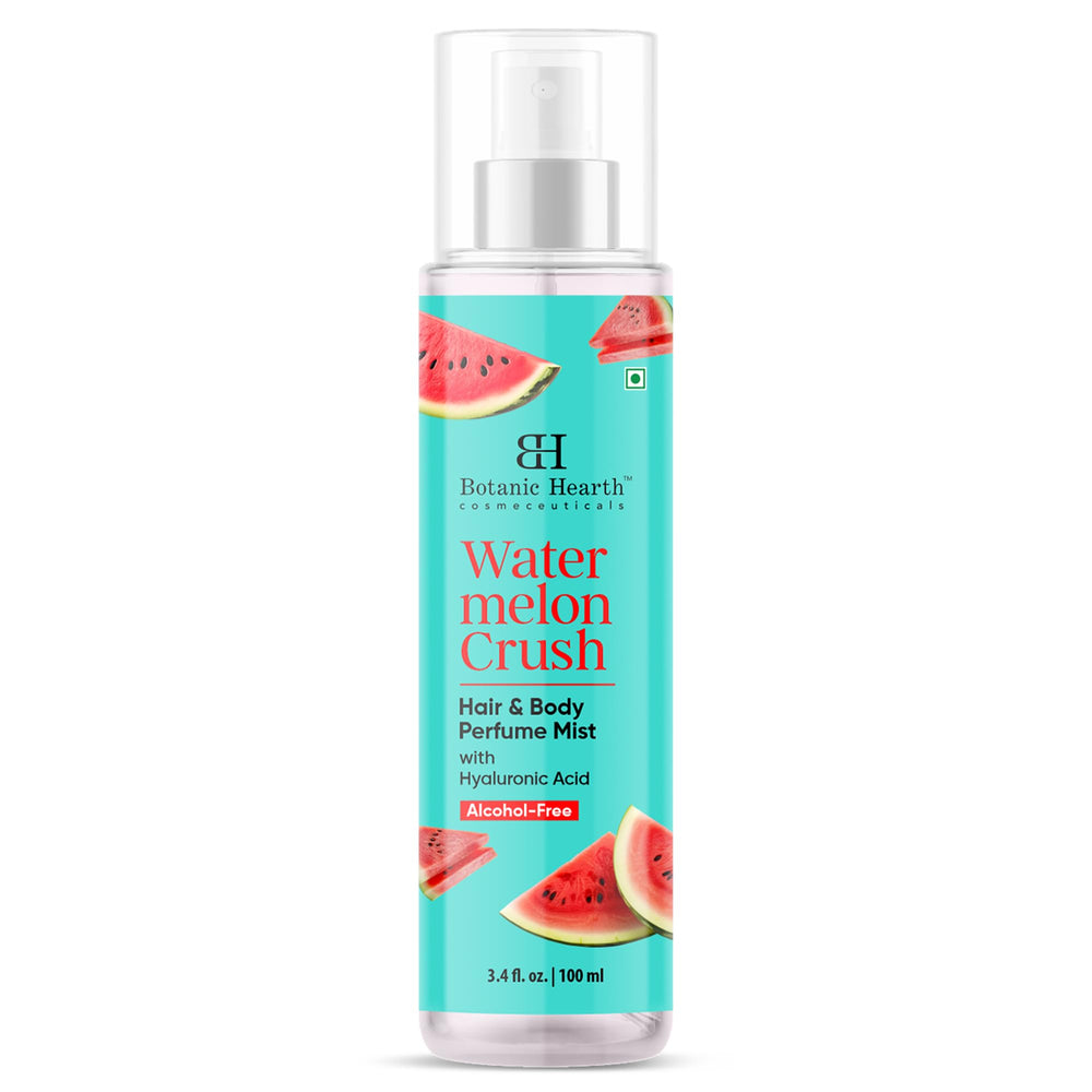 Botanic Hearth Watermelon Body Mist spray highlights dual-use fragrance for hair and skin.