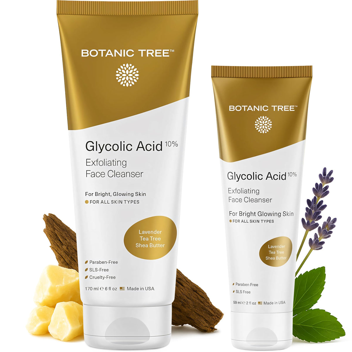 Botanic Tree glycolic face wash twin-pack bottle, ready for gentle exfoliation.