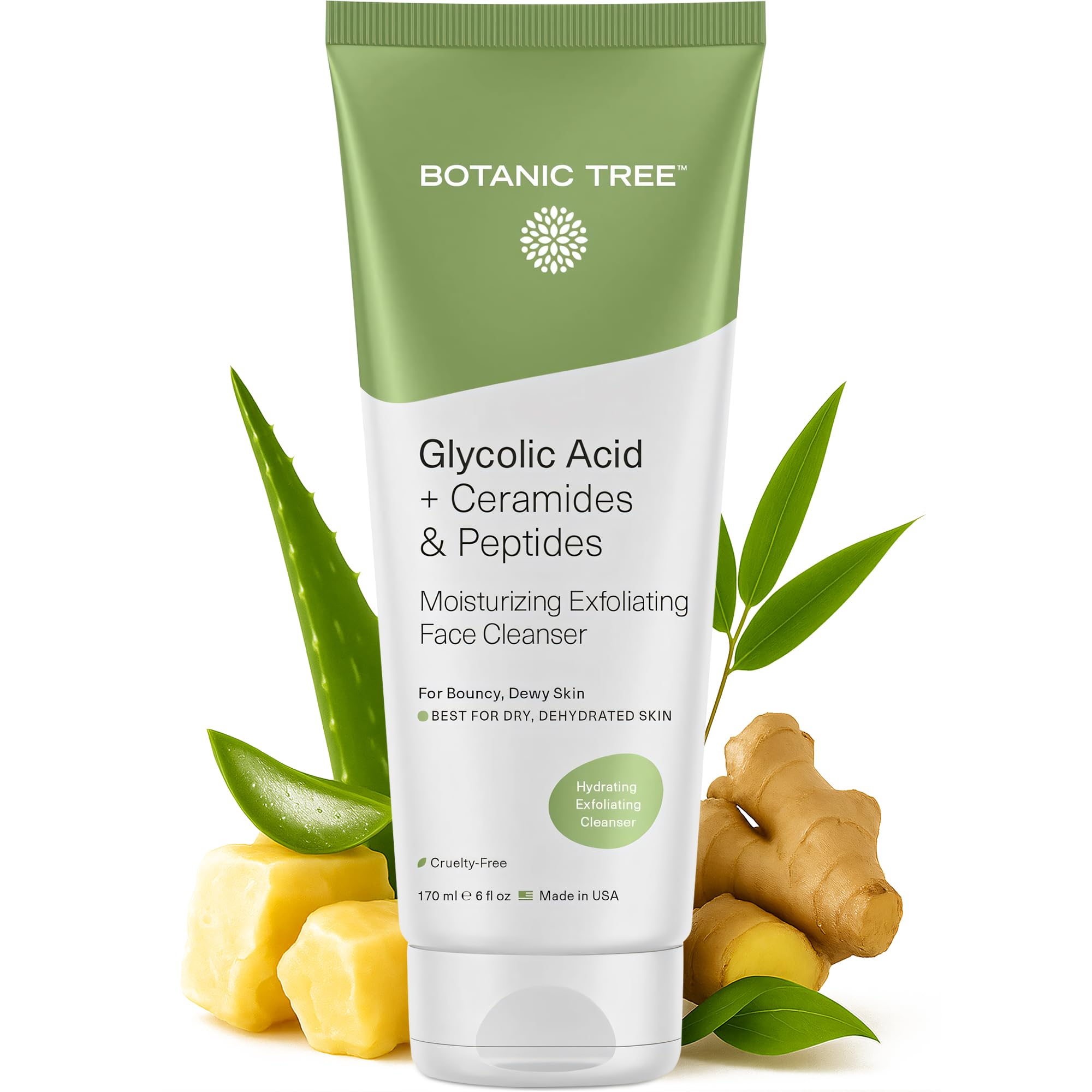 Botanic Tree Hydrating Glycolic Cleanser bottle front showing gentle exfoliation for smoother skin.
