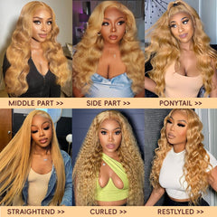 Boumon body wave wig honey blonde offers soft texture and movement.