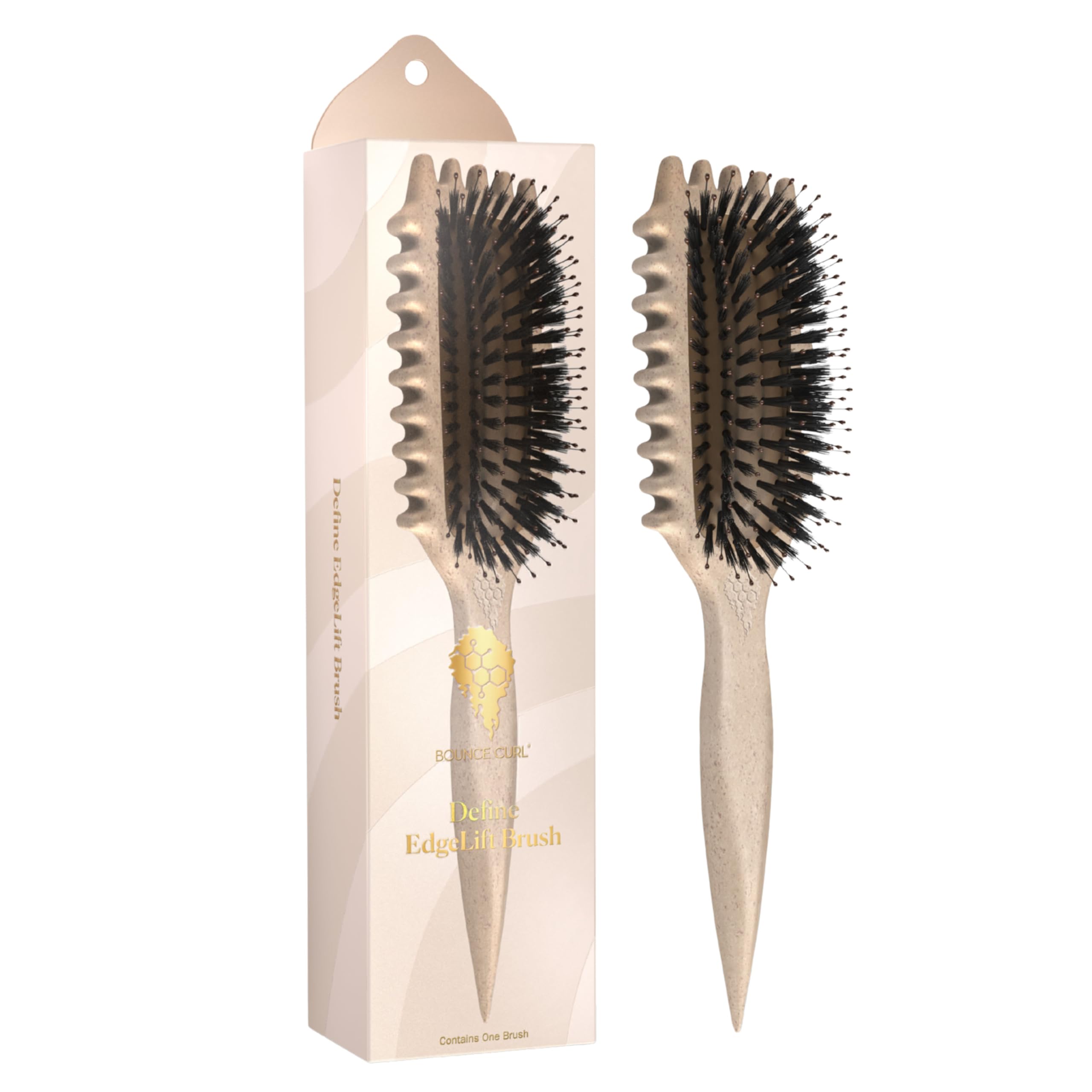 Bounce Curl Define EdgeLift Brush closeup shows vegan bristles for smooth curls.